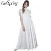 GetSpring女性のドレス刺繍半袖マキシエスフリルドローストリングホワイト大きい裾ハイウエストヴィンテージES 210601