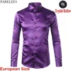 Pruple Stain Silk Dress Shirts Men Fashion Crystal Button Wrinkle Free Tuxedo Shirt Male Wedding Party Dance Prom Chemise 210522