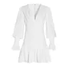 Elegante mulheres magro vestido v pescoço lanterna manga cintura alta ruffles mini vestidos feminino primavera casual 210520