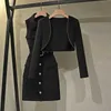 Tweedelige kledingpak Damesmode Slim Fit Short Blazer Jacket Top Midi Pencil jurk Zwart Wit Office Lady Business Wear 210825