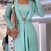 3 stycken Set Kvinnor Höst Solid Crop Top High Waist Wide Ben Byxor Sashes Långärmad Trench Coat Casual Streetwear Outfits 210513