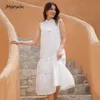 Marwin Long Simple Casual Solid Solid Hollow Out Pur Coton Style de vacances Taille haute Mode Mi-mollet Robes d'été Robes 210623