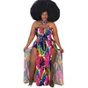 Sommarutskrift Casual Dresses for Women Plus Size Sexig Halter Neck Tropical Split Beach Party Wedding Guest Maxi Dress