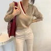 カラーブロックVネックニットプルオーバートップス女性春秋の長袖韓国のファッション女性セータージャンパーFemme 210513