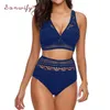 Women's Swimwear Black Blue Lace High Waist Swimsuit Bikini Set 2021 Sexy Solid Bikinis Women Push Up Banting Suit Swim Suits Beachwear