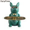 YuryFvna French Bulldog Figurine with Tray Sculpture Desk Storage Statue Decorative Coin Bank Home Room Decoration 210811