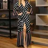 여성을위한 드레스 가을 패션 인쇄 플레어 슬리브 V 목 긴 우아한 높은 허리 쉐시 스플릿 파티 클럽 플러스 크기 210513