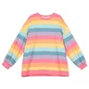 Harajuku stil kpop randig lös sweatshirt kvinnor våren långärmad pullover kawaii kläder färgglada regnbåge student flicka toppar 210927