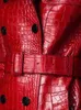 Lautaro höstlång rött tryck läder trenchcoat för kvinnor Bälte dubbelknäppt elegant brittisk stil mode 211118