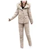 Women's Two Piece Pants 2021 Winter Hooded Overalls Bodysuit Jacket Parka Outdoor Snow Suits Warm Sashes Ski Suit Zipper Tracksuits D0