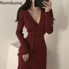 Nomikuma Elbise Kadın Kore Chic V Boyun Çapraz Tasarım Slim Fit Lace Up Bel Örme Elbiseler Düz Renk Vestidos Mujer 3D704 210514