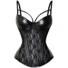 Gothique femmes dentelle transparente vinyle cuir corset Bustier grande taille noir Spaghetti sangle mince taille Cincher Bodyshaper 3XL