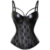 Gothic Womens Sheer Lace Vinyl Leather Overbust Corset Bustier Plus Size Black Spaghetti Strap Slim Waist Cincher Bodyshaper 3XL