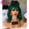 14 "Mörkgrön brasiliansk Full Lace Front Wig Short Wave Bob Wig Svart / Brun / Rosa Syntetisk Wig För Vita Kvinnor Med Bangs Fringe