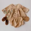 2 adet Kore Bebek Pamuk Hırka Giyim Seti Bebek Kız Uzun Kollu Yay Üst Ve Pantolon Bahar Çocuk Kıyafetler 210615