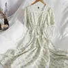 Кимутомо цвет контрастный лук шнурок платья короткий слойный рукав квадратный воротник цветочный принт халат тонкий талии Vestido Feminino 210521
