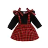 2 Pcs Girls Dress Set Solid Color Round Neck Long Sleeve Falbala Pullover Plaid Suspender Skirt Daily Life G1026