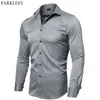 Cinzento de fibra de bambu camisas de vestido homens Casual Fit Office Elastic Wedding Camisa de Trabalho de Casamento Mens de Alta Qualidade Fácil Care Camisa 210522