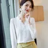 Pink V Neck Shirt Women Autumn Lace Puff Sleeve High-End Fashion Temperament Design Silk Blouses Office Ladies Formal Work Tops 210323