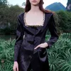 Sexy Patchwork Chain Suit Female Square Collar Long Sleeve High Waist Mini Two Piece Set For Women Autumn 210521