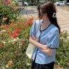 Koreański koszulka w kratę rękaw puffowy Singe Biersed O-Neck Blusas Causal Summer Swer Bluzki Topy 6H438 210603