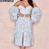 Za Mulheres Outono Floral Impressão Vestido Vintage Sexy Slow Sleeve Mid-bezerro Vestido Mulheres Sundress Casual Bohemian Beach Vestidos 210320