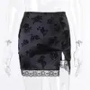 Missme Satin Mini Skirt High Waist Lace Hem Floral Print Split Short Bodycon Pencil Skirt Black Dark Goth Vitnage Streetwear X0428