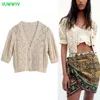 Spring Summer Beige Jacquard Knitted Cropped Cardigan Woman Sweaters Elegant Short Sleeve Ruffle Hem Women Tops Coats 210430