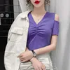 Summer Tees T Shirt Women Fashion Folds Top Kobieta V-Neck Krótki Rękaw Off Ramię Tee Koszula Femme Topy Koszule Purple White 210604