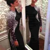 Arabiska Dubai Lyxkristaller Beaded Black Formal Evening Dresses Mermaid Långärmad Jewel Neck Bling Party Prom Dress Celebrity Gowns 2022