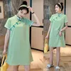 Vestidos de maternidade 388# roupas de verão mangas curtas colarinho de mandarim melhorar o cheongsam fáceis combinando gestantes gestantes vestido mamãe