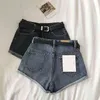 Ourlet denim mini short femmes été simple polyvalent taille haute jambe large jean avec ceinture femme 210621