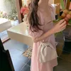 サマーシックな韓国の穏やかな甘いスクエアネックパフスリーブドレス女の子の気質スリム腰半袖vestido Solid 210610