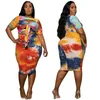Sexy Clubwear Women Tie-dye Printing Two Pieces 2021 Summer Plus Size O-neck Lace-up Crop Tops Bodycon Mid-Calf Skirts Outfits X0709