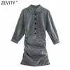 Zevity Women Vintage Houndstooth Plaid Print Pleated Mini Dress Chic Lyx Lantern Sleeve Side Zipper Slim Vestido DS4780 210603