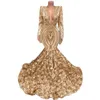 Afrikaanse gouden zeemeermin prom jurken 2022 v-hals lange mouw plus size 3D roos avondjurk elegante formele partij pailletten jurk zwarte meisjes nachtkleding gewaad soiree