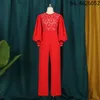 Ethnic Clothing Elegant African Jumpsuit Long Lantern Sleeve Red Lace Patchwork Rompers Plus Size Wedding Party For Women Outfits274D