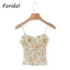 Floral Print Crop Tops Camis Vrouwelijke Zomer Chiffon Leuke Boho Short Strap Ruffle Beach Holiday Clothes 210427