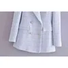 Kobiety Moda Light Blue White Plaid Tweed Blazer Płaszcz Vintage Double Breasted Kobieta Office Lady Chic Topy 210514