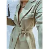 Vintage Women Spring Autumn Blazer Jacket Deep V Neck Belt Streetwear Green Office Top 210427