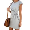 JOCoo Jolee Kobiety Lato Krótki Rękaw O Neck T Shirt Dress Casual Slim Lace Up Bow Mini Dress Cotton Slim Smoksy 210518