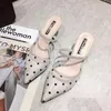 Tofflor 2021 Polka Dot High Heel Women Sandals Pekade Toe Lace Mules Skor Vintage Geometri