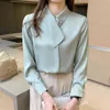 Koreanska Silk Kvinnor Skjorta Satin Blusar För Långärmade S Toppar Kvinna Vit Bow Slips S XXL 210427