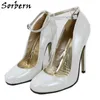Sorbern White Women Pump Shoe For Crossdresser Genuine Leather 16Cm High Heel Stilettos Round Toe Wide Ankle Straps Custom Color