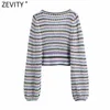 Zevity Women Fashion Color Matching Hollow Out Crochet Stickning Sweater Ladies V Neck Casual Slim Crop Pullovers Tops SW822 210914