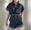 Women Rompers Summer Casual Short Sleeve Jumpsuit Denim Pants Turn-Down Collor Playsuits Overalls 210429