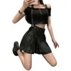 Deux ensembles de jupes à lacets sexy club hauts courts et mini jupe de plage d'été femmes bandages noirs streetwear Faldas Mujer 210520