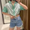 Za Green Striped Shirt Women Vintage Short Sleeve Cropped Shirts Adjustable Tie Elastic Hem Top Female Patchwork Blouse 210602