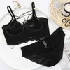 Cuecas calcinha preto profundo v push up sutiã transparente e calcinha conjunto sexy lingerie plus size bandagem ultra fino sem esponja renda roupa interior feminino conjunto l2304