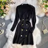 Korobov herfst nieuwe dames Franse taille is dun en kleine rok temperament zwart pak kraag gebreide jurk 210430